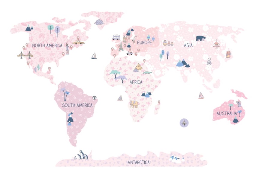Samolepka na stenu Mapa sveta růžová