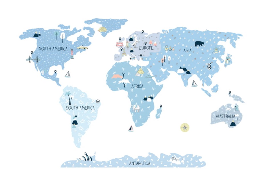 Samolepka na stenu Mapa sveta modrá